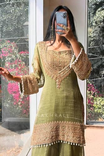 Image of PERFECT CHOICE WOMEN'S Heavy Natural Crep Silk Stitched Ethnic Salwar Kameez - Long Kurti with Embroidered Sleeves, Party & Festival Wear (SF251-ve115 Black1 XXL)