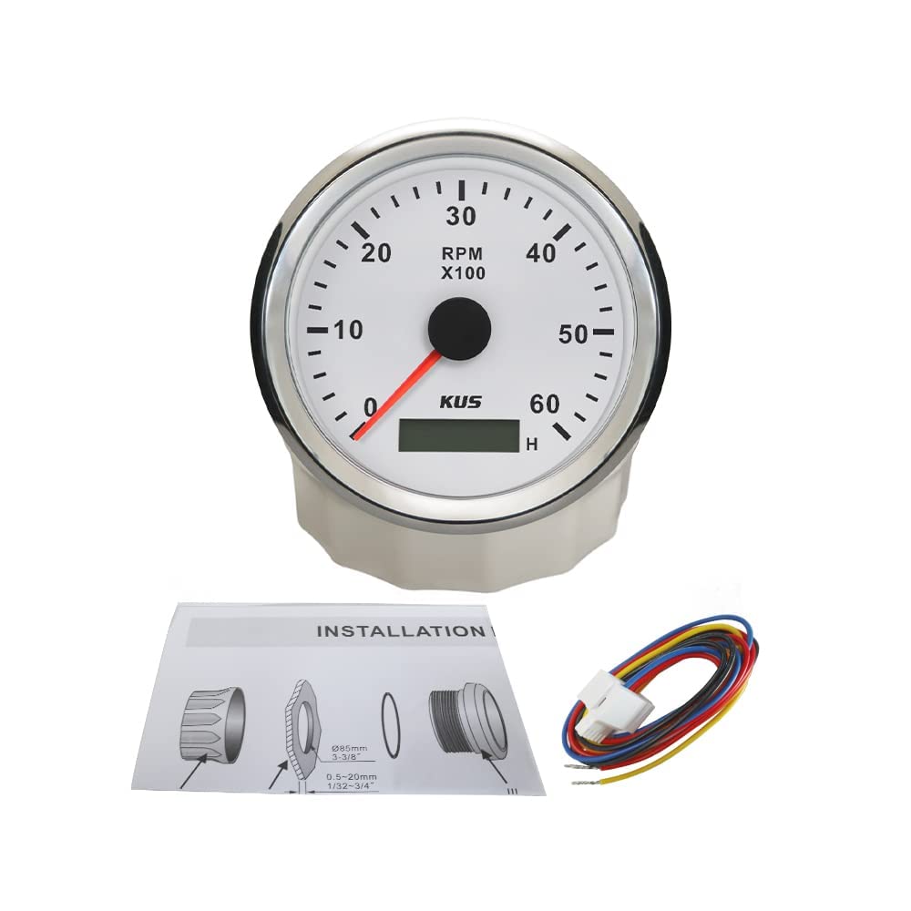 KUS Drehzahlmesser Drehzahlmesser mit Betriebsstundenzähler 6000RPM 85 mm 12V/24V mit Hintergrundbeleuchtung (weiß)