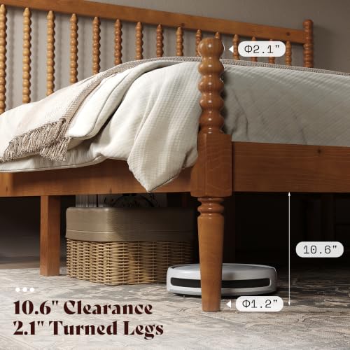 Image of AMERLIFE King Solid Wood Bed with Bobbin Spindle Headboard, Brown