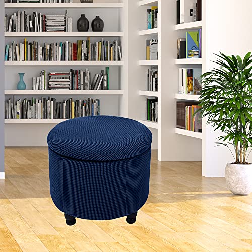 Xmntg Stretch Ottoman Slipcover Navy Folding Storage Foot Stool Cover Soft Thick Jacquard Fabric Round Slipcover Removable Washable Furniture Protector With Elastic Bottom For Living Room (Navy) #TOP7