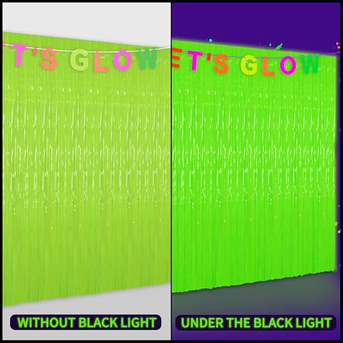 Image of Glow in The Dark Tinsel Curtains 2 Pack - 3.3x6.6ft UV Reactive Fluorescent Party Backdrop for Neon, Birthday, Pride Decorations, Pre-Taped, Lightweight Waterproof (Green)