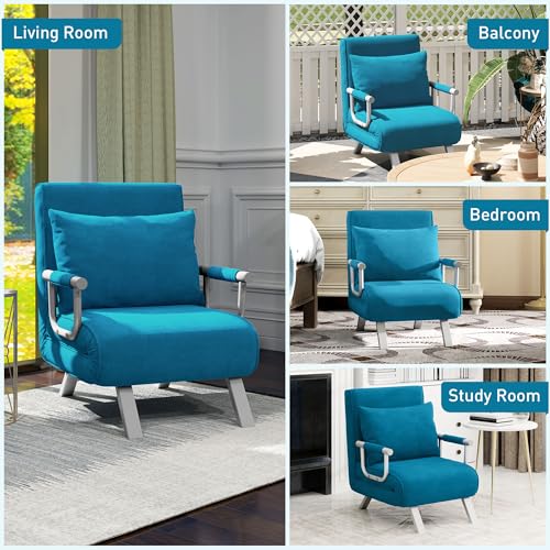Homcom Single Chair Bed, Click Clack Convertible Bed Settee, Modern Faux Suede Upholstered Lounge Couch With Pillow For Living Room, Guest Room, Blue - 8