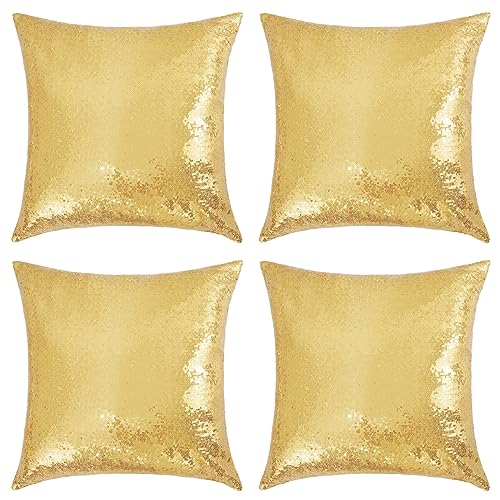 SquarePie Sequin Pillow Covers 18x18 Set of 4 Gold Shiny Glitter Decorative Throw Pillow Cases Cushion Covers for Home Bedroom Birthday Party Couch Sofa