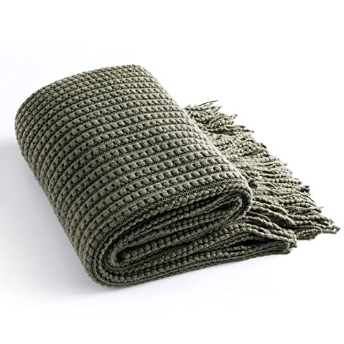 Blagic Knitted Throw Blanket For Couch Soft Farmhouse Boho Throw Blanket With Tassels Home Decorative Lightweight Throw Blankets,Dark Green Throws For Bed/Chair/Sofa, Wheat Textured, 50" W X 60" L #TOP4