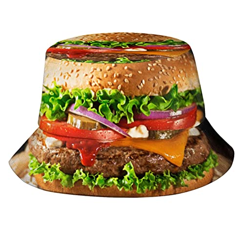 Funny Hamburger Bucket Hat Fisherman Sun Bucket Hat for Adults Teens Wide Brim Beach Fisherman Cap