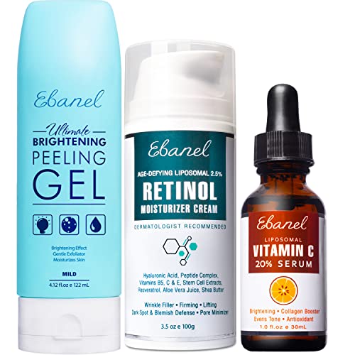 Ebanel Bundle of 2.5% Retinol Moisturizer, 20% Vitamin C Serum, and Exfoliating Face Scrub Peeling Gel 4.12 Oz