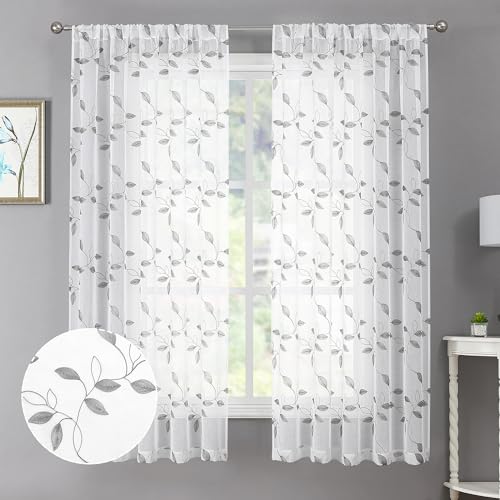 Tollpiz Grey Leaf Sheer Curtains Leaves Embroidered Bedroom Short Curtain Rod Pocket Voile Window Treatment for Living Room, 38 x 54 inches Long, Set of 2 Panels