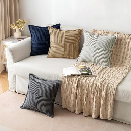 Image of MIULEE Decorative Euro Sham Throw Pillow Covers for Couch Bed Livingroom 22x22 Inch Set of 2 Khaki Boho Accent Throw Pllows Broadside Striped Patchwork Soft Corduroy Pillowcases