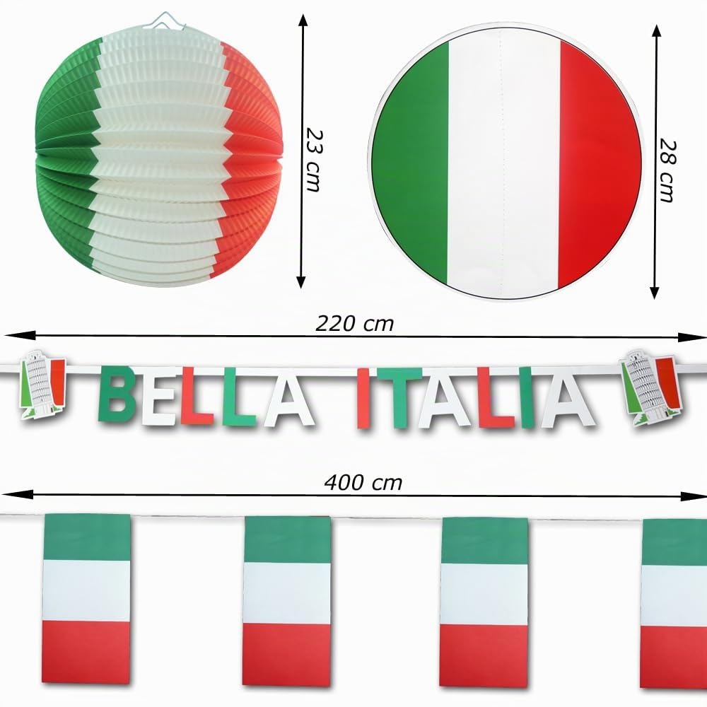 Italien Deko Set groß – Partydeko Italien Flagge mit Girlanden, Rosette, Fahnenkette, Luftballons, Lampion, Bella Italia Buchstabenkette, Tischdeko, Fähnchen & Luftschlangen