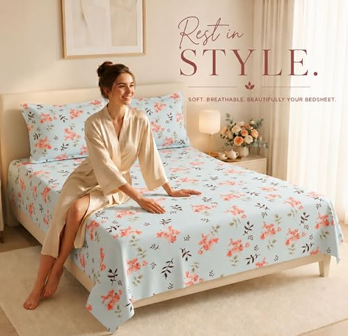 Image of HOMEKART 210 TC Premium Cotton Double Bed Bedsheet with 2 Pillow Covers | Double Bed Sheet Set | Soft, Breathable, Skin Friendly, Wrinkle Resistant & Fade Resistant |228 x 254 cm | Bedding for Home
