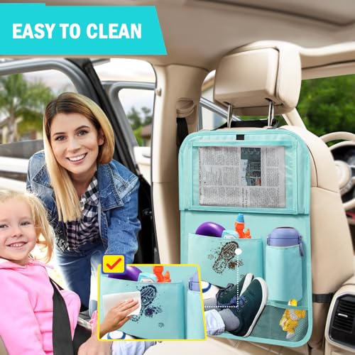 Image of 2Pack Car Backseat Organizer with Foldable Table Tray,6 Storage Pockets Car Storage Organizer with Tablet Holder,Car Seat Back Protectors Kick Mats Travel Accessories Blue