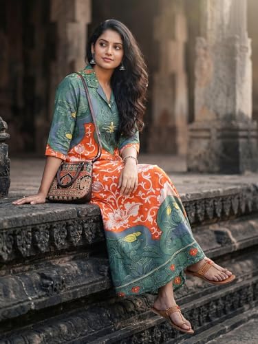 Image of HELLCAT Floral Brown Women Dress|New Trending Dress for Women|Western 3 /4 Sleeve A-line