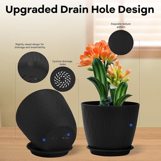 Image of StyleX Store Plastic Round Flower Pots with Drainage Hole Saucers | Durable Outdoor Indoor Wave Pattern Planters with Tray | Plant Containers for Garden, Office, Balcony and Home (Set of 5, Black)