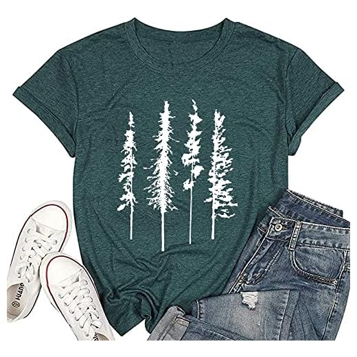 Nature Skinny Pine Tree T-Shirt for Women Summer Hiking Camping Muscle Beach Shirts Tees Mountains Workout Loose Fit Tops, Green M