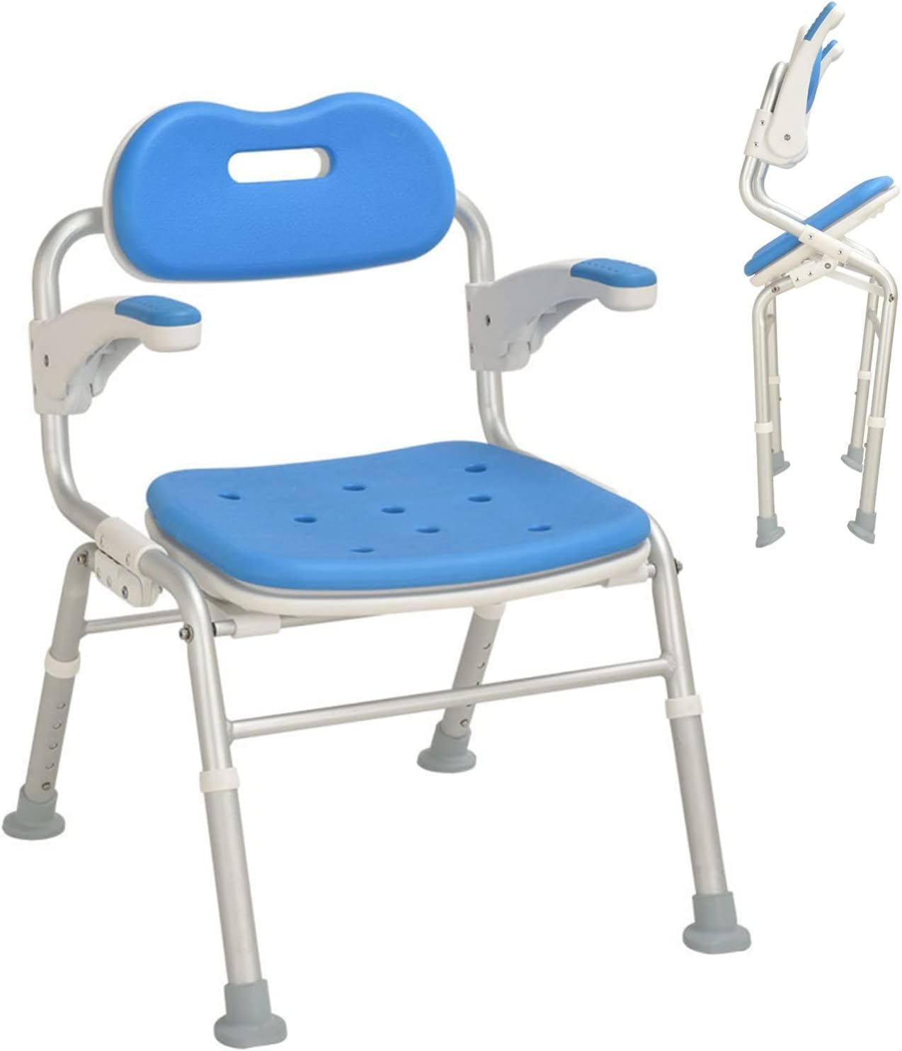 Silla de Ducha Plegable con reposabrazos y Respaldo, Silla de bañera Plegable, 5 Niveles de Altura Ajustable cojín Suave de EVA, Asiento de Ducha portátil for Personas Mayores, discapacitados