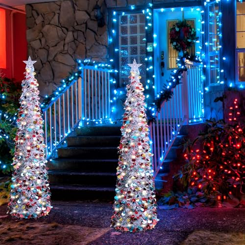 HISFFOG 5FT Pop Up Christmas Tinsel Tree with 8 Rmote Lights Modes - Collapsible Colorful Sequin Artificial Christmas Pencil Trees Decorations for Home Apartment Party Fireplace Indoor Outdoor — view 6