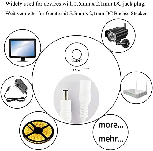 LitaElek 2pcs 2.5m/8.2ft DC 12V Extension Cable with 2.1mm x 5.5mm DC Plug Adapter DC 0-36V Male to Female Power Cord for Car Monitor, CCTV Wireless IP Camera, LED Strip Light, etc, White