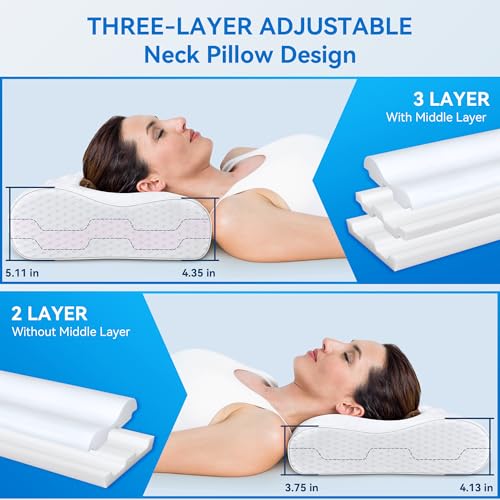 Cervical Neck Pillow King Size - Sandwich Dynamic Memory Foam Pillows for Sleeping, Adjustable Contour Ergonomic Orthopedic Cooling for Side, Back & Stomach Sleepers Soft, White