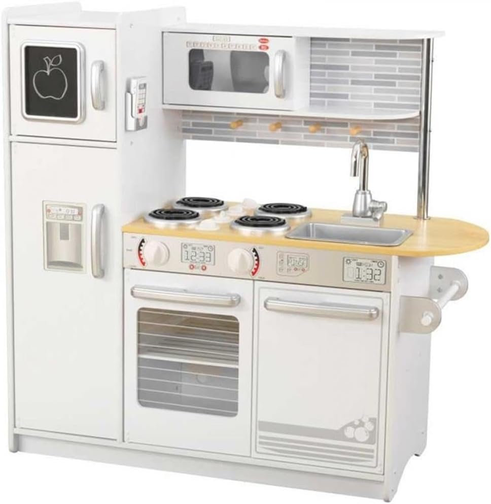 Pemberly Row Modern Uptown Play Kitchen, White Finish, Sleek Contemporary Design, Indoor Baby and Kids Room Playset, Inspires Imaginative Play Cooking