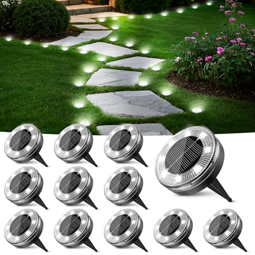 Peasur Mini Solar Ground Lights, 12 Pack Flat Solar Disc Lights Outdoor Waterproof, 2.3 Inch Small Solar Garden Lights Landscape Lighting for Outside Pathway Garden Yard Lawn Walkway,Cool White