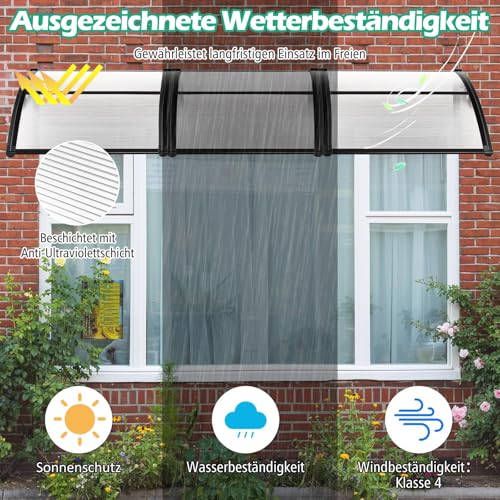 FANTASK Vordach für Haustür 199 x 99 cm, Überdachung aus Aluminium und Polycarbonat, Transparentes Pultbogenvordach, Haustürvordach, Pultvordach, Haustürdach, Türvordach für Eingangsbereich