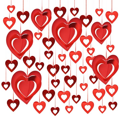 Image of 46 Pcs Valentine's Day Hanging Heart Ornament Decorations, Red Love Glitter Swirl Hollowed Heart Decorations for Tree Ceiling Romantic Bridal Shower, Wedding, Engagement, Anniversary