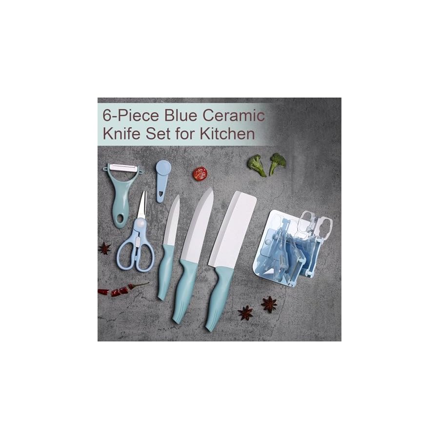 Kitchen Ceramic Knife, 6 Pieces Blue Ceramic Knife Set for Kitchen With Block, Rust Proof & Stain Resistant, Ultra Sharp Cooking Knife Set with Ceramic Peeler & Scissors for Home Restaurant (Blue)