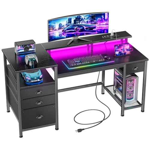 Image of Furologee 52 inch Gaming Desk with 4 Drawers & LED Lights, Power Outlet, Black