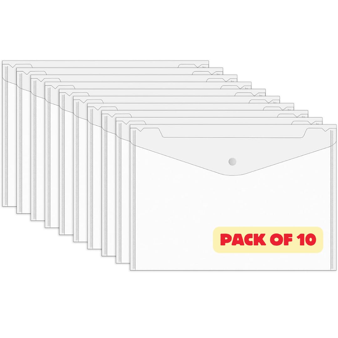 the BagCrew ® - A4 Document File Clear Bag with Nametag Stickers | Transparent Document Organizer Bag | A4 Plastic Folders for Documents | Folders for Student (Transparent_Pack_of_10)