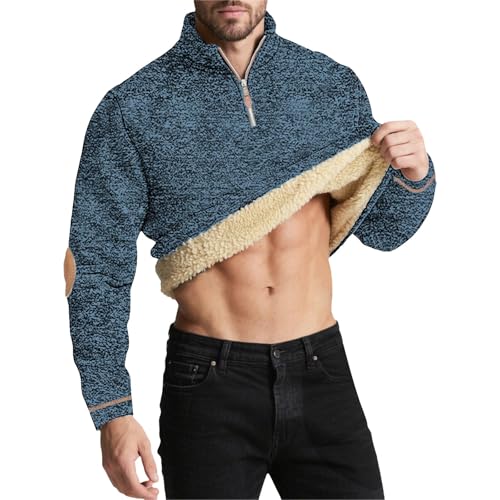 Image of Mens Fleece Lined Jumpers Half Zip Thermal Jumper Heavyweight Crewneck Long Sleeve Winter Warm Pullover Sweatshirt Pockets, Dark Blue, XL