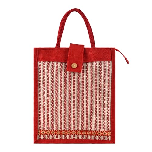 Image of Kuber Industries 3 Pcs Jute Medium Shopping Bag for Women with Handle | Multipurpose and Reusable Carry /Shopping Bag for Grocery | Lining Design - Red