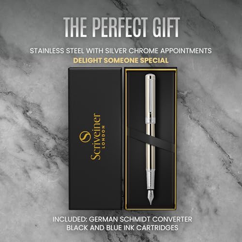 Image of Scriveiner Stainless Steel Fountain Pen - Stunning Luxury Pen with Steel Finish, Schmidt Steel Nib (Medium), Pen Gift Set for Men & Women, Professional, Executive Office, Nice Designer Pens