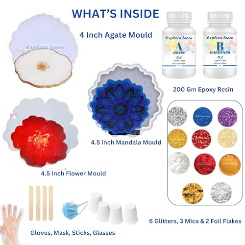 Image of Exploralearn Ultimate Max Resin Art Kit - Mandala, Flower, Agate 3 Coasters with 200 gm Epoxy Resin and Silicone Moulds - Comprehensive Resin Art Materials - Mica, Glitters, and Flakes