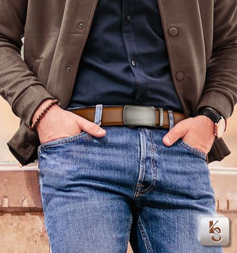 Image of KEMISANT Belt Men, Sliding Ratchet Belt Genuine Leather For Gift Mens Dress Pants Oxfords,Size Adjustable