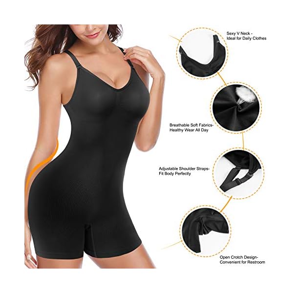 Nebility-Women-Waist-Trainer-Bodysuit-Tops-Slim-Full-Body-Shapewear-Seamless-Sexy-V-Neck-Leotard-Stretchy-Jumpsuit Nebility Women Waist Trainer Bodysuit Tops Slim Full Body Shapewear Seamless Sexy V Neck Leotard Stretchy Jumpsuit (M/L, Black)