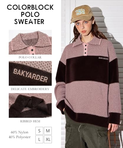Fuzzy Colorblock Vintage Polo Sweater Unisex Loose Fit Long Sleeve Knit Pullover3