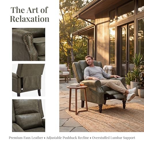 Image of Leather Recliner Chair, Pushback Recliner Chair with Adjustable Backrest Footrest, Mid Modern Reclining with Overstuffed Arms Lumbar Support for Reading, Living Room, Green