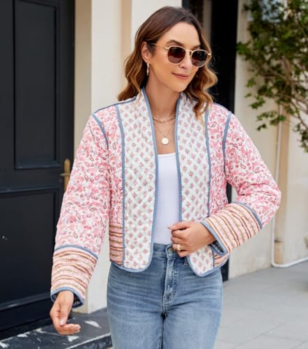 Women's Cropped Floral Quilted Jacket Lightweight Open Front Padded Puffer Coat2