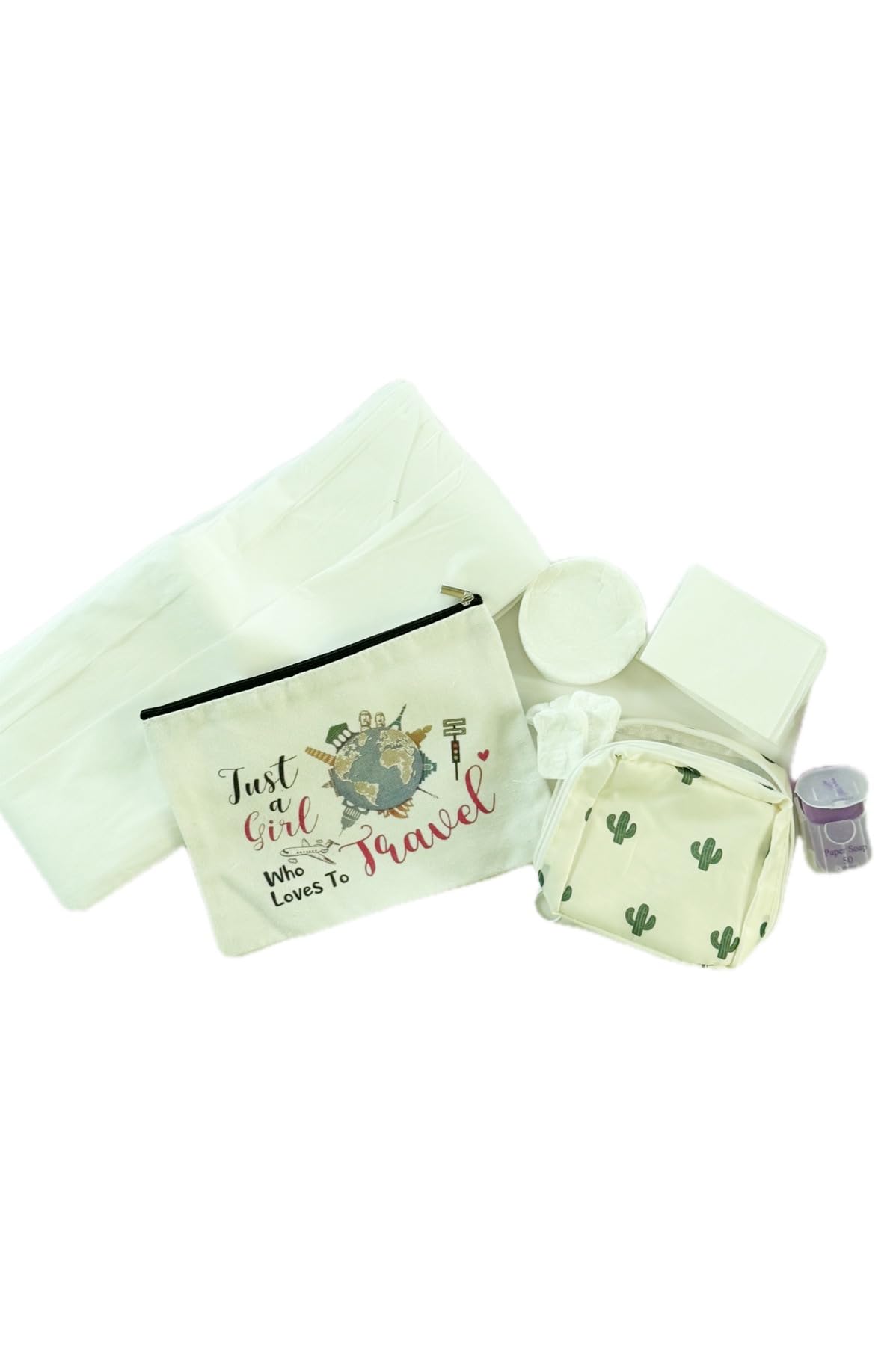 Travel Toiletry Bag Set,Compressed Hand Towels, Disposable Bath Towel,Single Use Bedsheet, Makeup Bag, Sanitary Pouch, Paper Soap, Flushable Toilet Covers