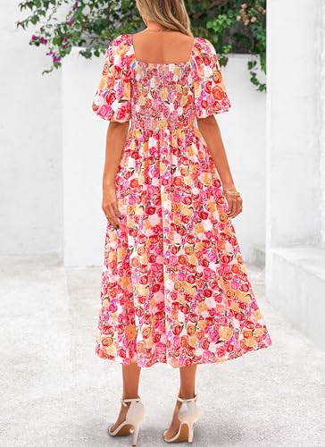 Okiwam Womens Summer Dresses 2025 Spring Floral Maxi Sundress Puff Sleeve Smocked Flowy Beach Vacation Wedding Guest Dress3