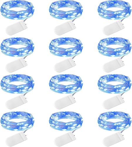 Image of Brightown 12 Pack Led Fairy Lights Battery Operated String Lights Waterproof Silver Wire 7 Feet 20 Led Firefly Starry Moon Lights for DIY Wedding Party Bedroom Patio Christmas (12 Pack, Blue & White)