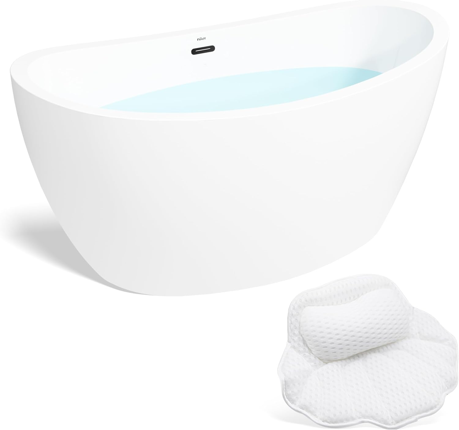 FerdY Naha 59" Acrylic Freestanding Bathtub, Curve Edge Freestanding Soaking Bathtub, Glossy White, cUPC Certified, Matte Black Drain& Bath Pillow for Bathtub,Thick Tub Pillows, Ergonomic Support