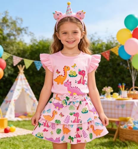 Image of Girls Skirt Set 2 Piece Outfit Toddler Summer Clothes Ruffle Sleeve T-Shirt Bow Knot Tutu Skirt Outfit Set