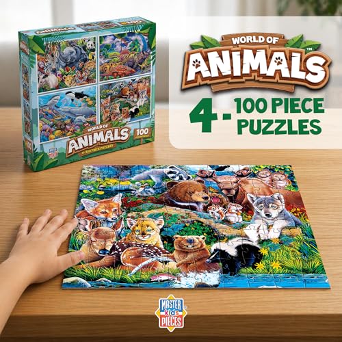 Image of MasterPieces Jigsaw Puzzle Set for Kids, 4-Pack of 100 Piece Puzzles, Educational Animal Theme, Fun Game, Gift Idea, 8 inch x 10 inch