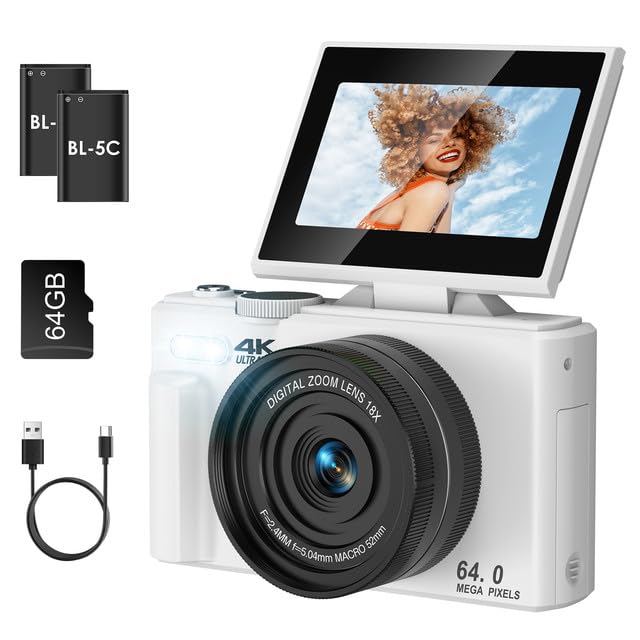 LAMA Cámara digital, mini cámaras digitales 4K 64 MP con tarjeta SD de 64 G, cámara compacta de 3,0 pulgadas, 180 °, zoom 18X, cámara digital, cámara de fotos para niños, adolescentes, principiantes