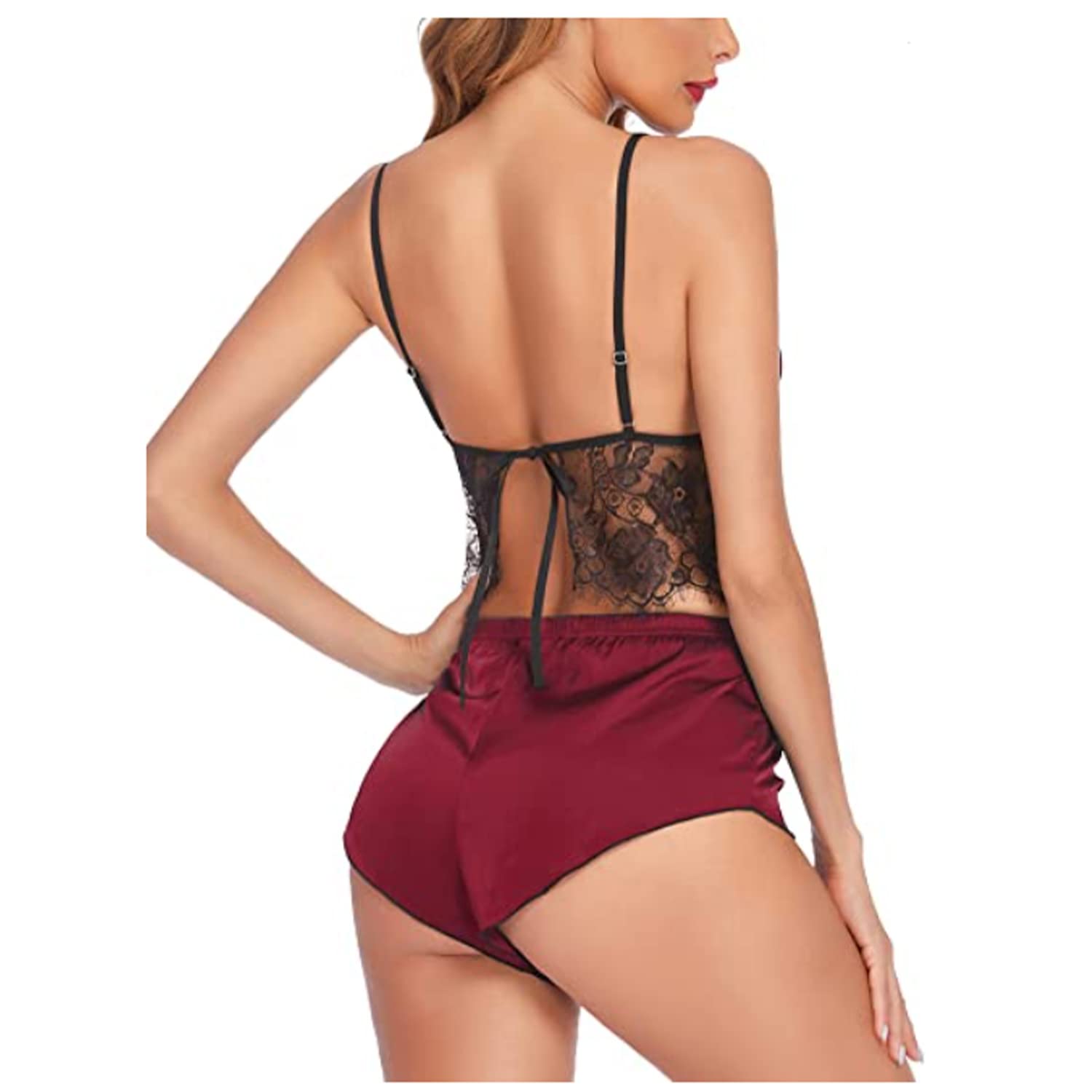 Women's Maroon Satin Lace Cami and Shorts Nightwear Set, Romantic Lingerie Sleepwear, Honeymoon Night Dress for XS S M-picture-18