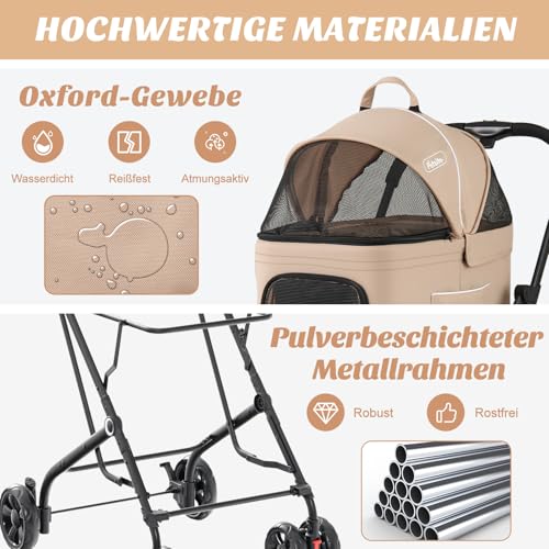 COSTWAY 3 in 1 Hundewagen, Hundebuggy 2 Etagen mit Netzfenstern & Taschen & Polstern, Oxford & Metall, Haustiere Buggy bis 16 kg, Hundebox Transporttasche klappbar, für Hunde Katzen Haustiere (Beige)