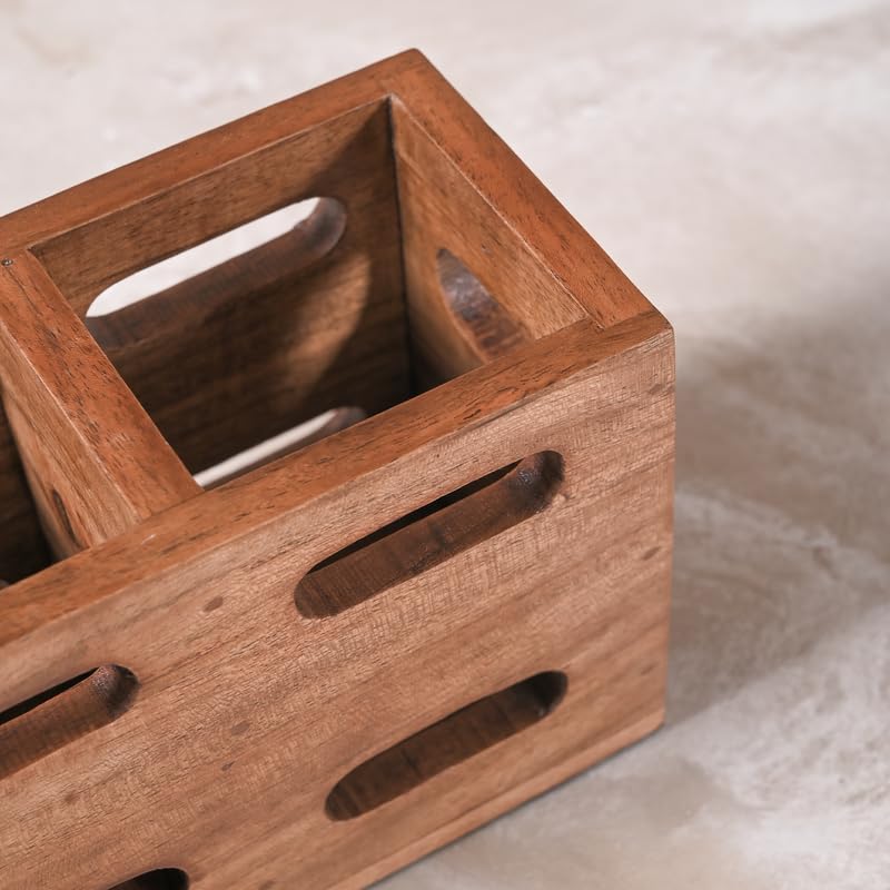 Image of Wooden Cutlery Holder for Kitchen - Cutlery and Tissue Holder for Dining Table | Spoon and Fork Organizer with Ventilated Design | Perfect for Gifting - Brown