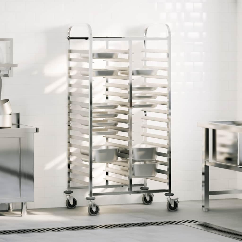 Carrello per vassoi in acciaio inox, 75 x 55 x 162,5 cm, con 32 contenitori GN, ruote a 360 gradi e freni, per cucina, gastronomia, catering, conservazione senza polvere