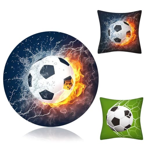 Tapis en flanelle à motif football, tapis rond de 40 cm, coussin de football 45x45 cm avec coussin sportif doux pour salon, chambre à coucher et chambre...